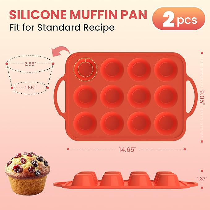 2Pack Silicone Muffin Pan for Baking with Metal Reinforced Frame, 12 Cup Regular Size Cupcake Pan, BPA Free Silicone Muffin Tray, Cupcake Baking Pan Molds for Oven Dishwasher Safe - Orange