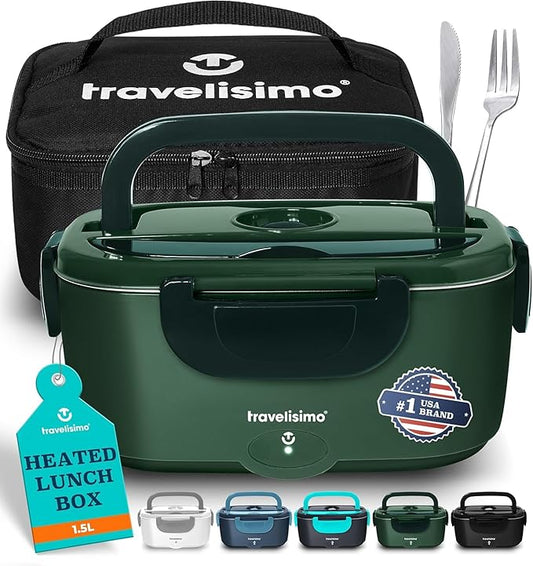 TRAVELISIMO Electric Lunch Box for Adults 100W Heated Lunch Box For Men 1.5L Stainless Steel Portable Food Warmer, 12/24/110V for Travel & Work, Loncheras Electricas Para Calentar almuerzo