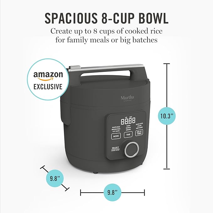 Martha Stewart Rice Cooker, 4 Cup (Uncooked) / 8 Cup (Cooked), Ceramic Non-Stick Removable Pot, Keep Warm, Measure Markings, Steam Basket, Brown & Sushi Rice, Quick Cook, Quinoa, Grains, Oats, Caviar Gray