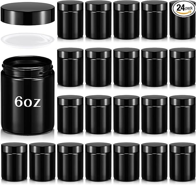 Domensi 24 Pcs Bulk 6oz Glass Jars with Lids Leakproof Round Airtight Empty Cosmetic Jars with Inner Liners Lid for Storing Lotions Spices Ointments Food Storage (Black)