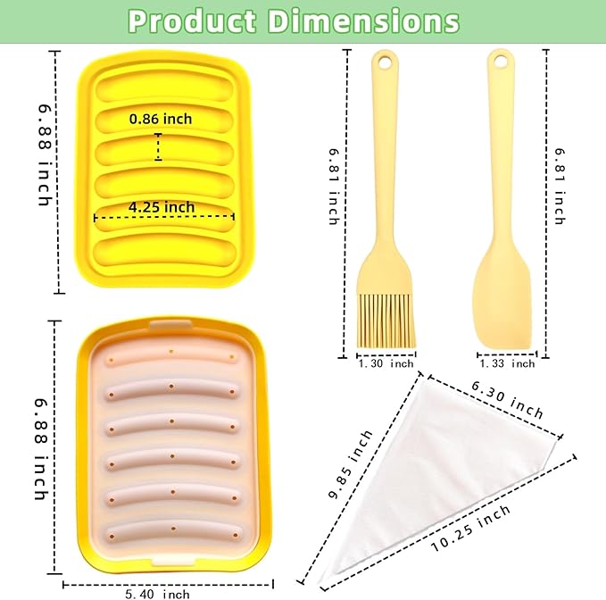 2 Pcs Silicone Sausage Mold with a Set of Silicone Brush Spatula and 25x Pastry Bags,Non-Stick Hot Dog Bun Pan,DIY Handmade Ham Sausage,Hot Dogs Baking Mold for Children's Food with Lid(Yellow/2)