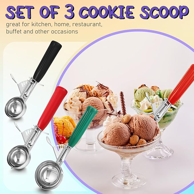 Reallnaive 3 Pcs Release Cookie Scoops Ice Cream Scooper with Trigger Release Portion Scoop Stainless Steel for Portion Control, Baking Food, Cookie Dough (2.65 Oz+1.33 Oz+ 0.75 oz,Green,Red,Black)
