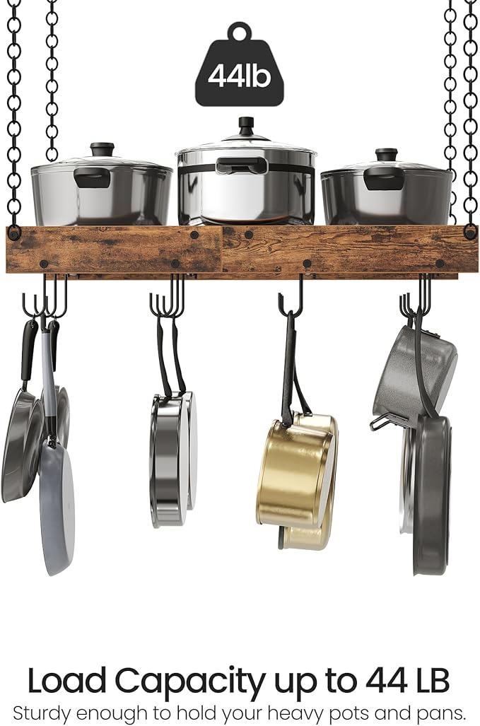 CHOEZON Hanging Pot Rack, Vintage Pot Hangers for Kitchen, Ceiling Mounted Pot Rack, Pot and Pan Hanging Rack with 12 S-Shaped Hooks, for Cookware Storage, Rustic Brown and Black TPR01BF
