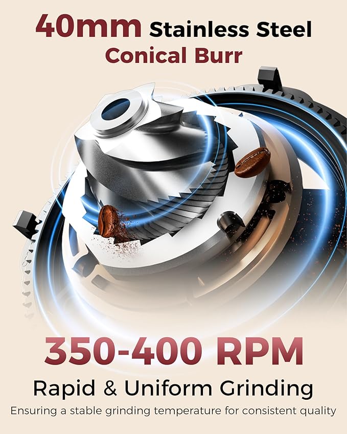 Tuni G2 Conical Burr Coffee Grinder, 70 Grind Settings Anti-static Burr Mill, Precision Electronic Timer and LED Touchscreen for Espresso/Drip/Cold Brew/French Press, Stainless Steel, Ivory