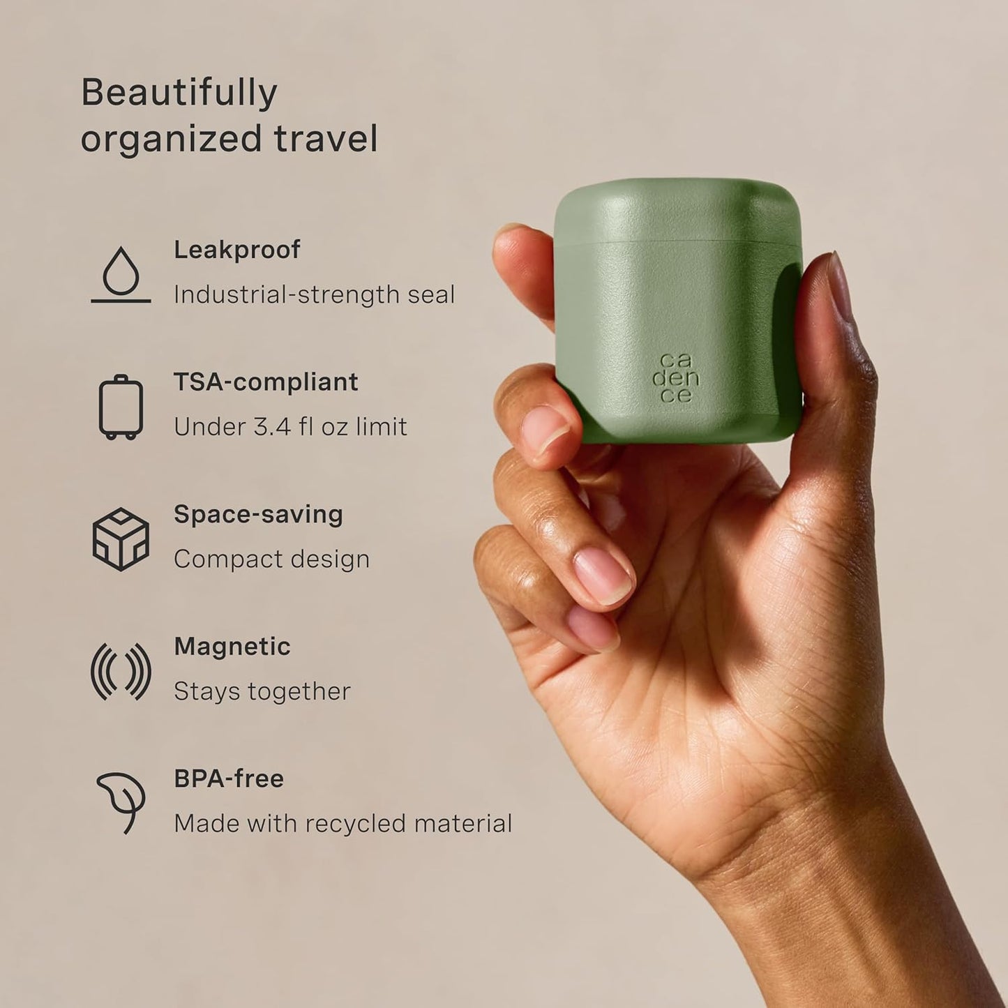 Cadence Travel Containers - Full Skincare Set - Magnetic Containers with Lids,Carry On Travel Essentials For Women/Men - 2 Small (0.56oz), 4 Medium Capsules (1.32oz), & Extender (1.43oz) - Eucalyptus
