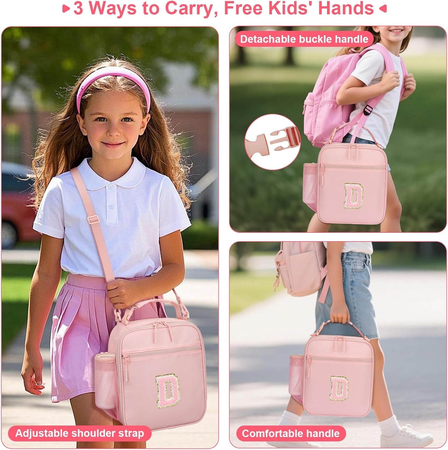 Initial Insulated Lunch Bag for Girls Kids, Back to School Gift, Reusable Leak-proof Lunch Box with Adjustable Strap for School Daycare Travel Picnic (Pink,D)