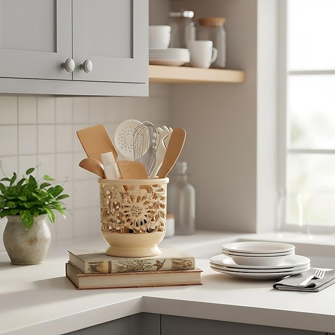 Farmhouse Kitchen Utensil Holder for Countertop, Ceramic Large Cooking Utensil Crock with Cork Mat, Decorative Rustic Utensil Holder for Kitchen Counter, Hollow Carving Flower, Beige
