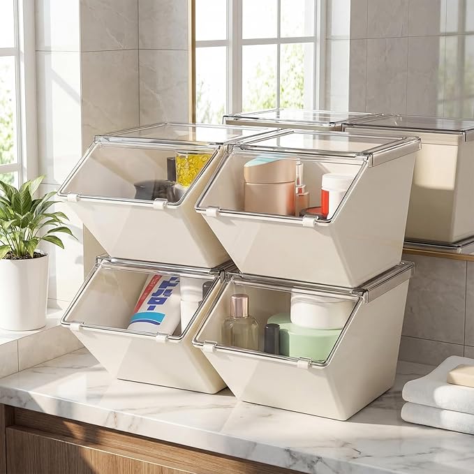 Yerliker 4 Pcs Clear Plastic Storage Bins with Lids Large Stackable Pantry Storage Organizer Bins Kitchen Organization Cabinet Organizers Ideal Containers for Fridge, Kitchen, Cabinets (White)