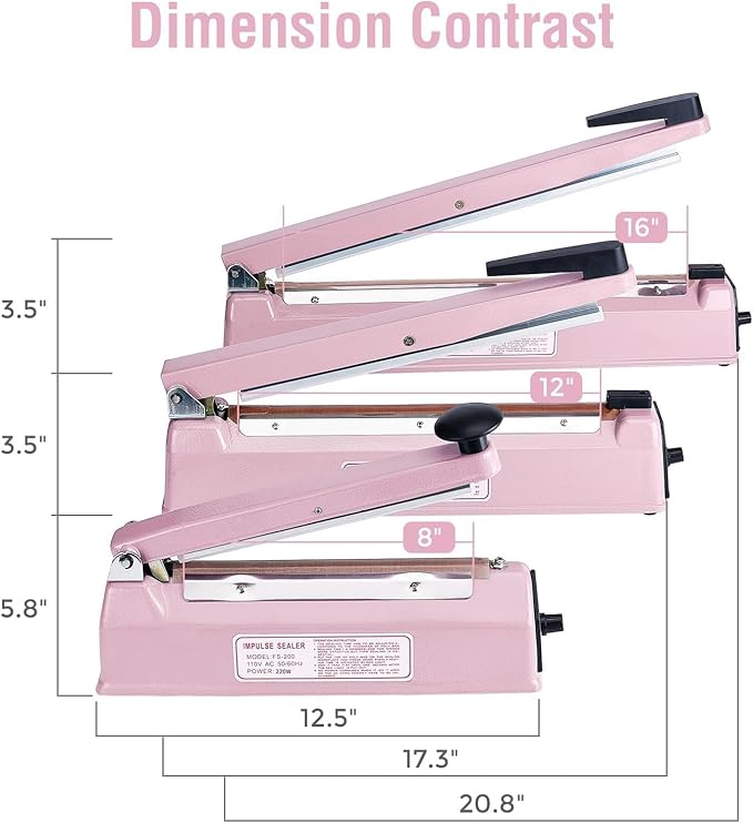 METRONIC Impulse Sealer 8 inch, Manual Heat Sealer Machine for Plastic Bags, Shrink Wrap Bag Sealers Heavy Duty Sealing Machine with Repair Kit (Pink)