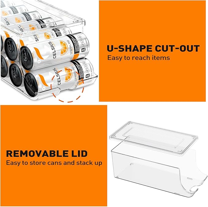 SCAVATA 2 Pack Skinny Can Organizer for Refrigerator, Stackable Tall Skinny Soda Pop Can Holder Dispenser with Lid for Fridge Pantry Rack Freezer, Clear Plastic Storage Bins-Holds 12 Slim Cans Each