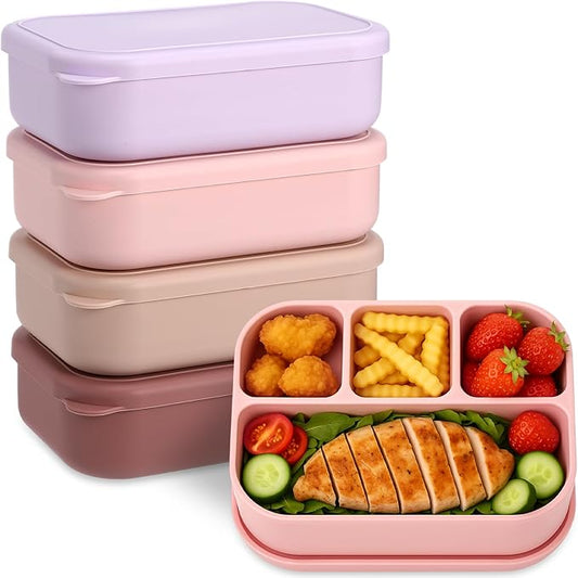 Potchen 4 Pcs Large 7.6x5x2 Inches Silicone Bento Box Reusable Lunch Container Leakproof Snack Meal Boxes for Work Travel Food Storage Microwave Dishwasher Freezer Safe 4 Compartment(Bright Color)