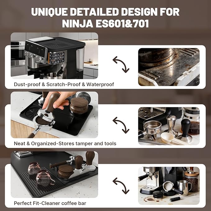 4-in-1 Coffee Maker Mat for Ninja Luxe Cafe Machine ES601 & ES701, Silicone Top Mat + Coffee Bar Mat + Espresso Tamping Mat + Tamping Base -Waterproof Bar Accessories