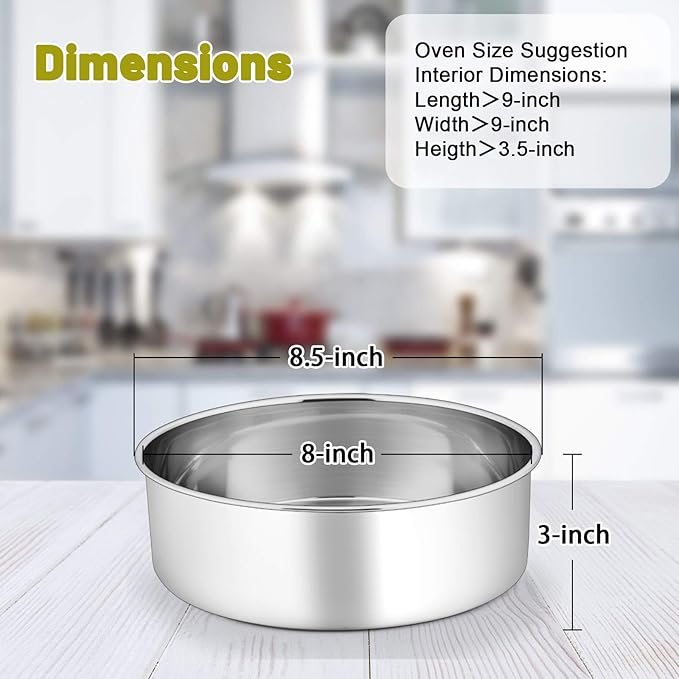 P&P CHEF 8 Inch Cake Pans Set, Round Baking Pan Stainless Steel Layer Birthday Wedding Cake Oven Pans, Non Toxic & Heavy Duty, Deep Side & Mirror Finish, Dishwasher Safe, (2Pcs)