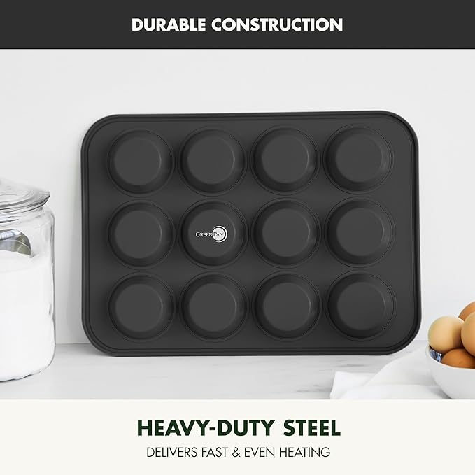 GreenPan Bakewell 12-Cup Muffin Pan, Healthy Ceramic Nonstick Bakeware, PFAS-Free Cupcake Mold, Durable Baking Tray, Versatile Kitchen Essentials, Easy Clean Ovenware, Black
