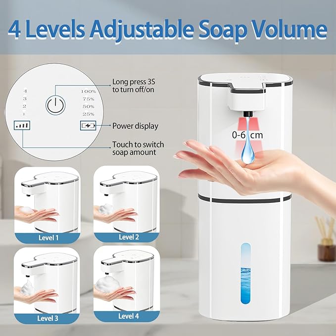 Automatic Soap Dispenser, Dish & Hand Foaming Soap Dispenser for Bathroom Kitchen, Liquid Auto Smart Electric Foam Pump Touchless，420ml-4 Levels Adjustable