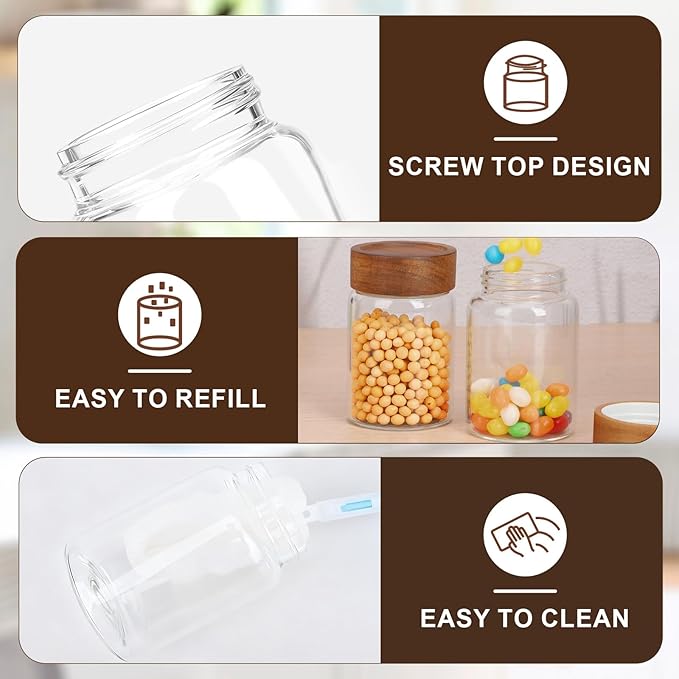 Coffee Jar with Wood Lid, 2 Pack 7oz 220ml Glass Canister with Wooden Airtight Lids, Empty Food Storage Containers, Screw Top Glass Mason Jars for Spice, Sugar, Tea, Oatmeal, Salad, Beans, Nuts