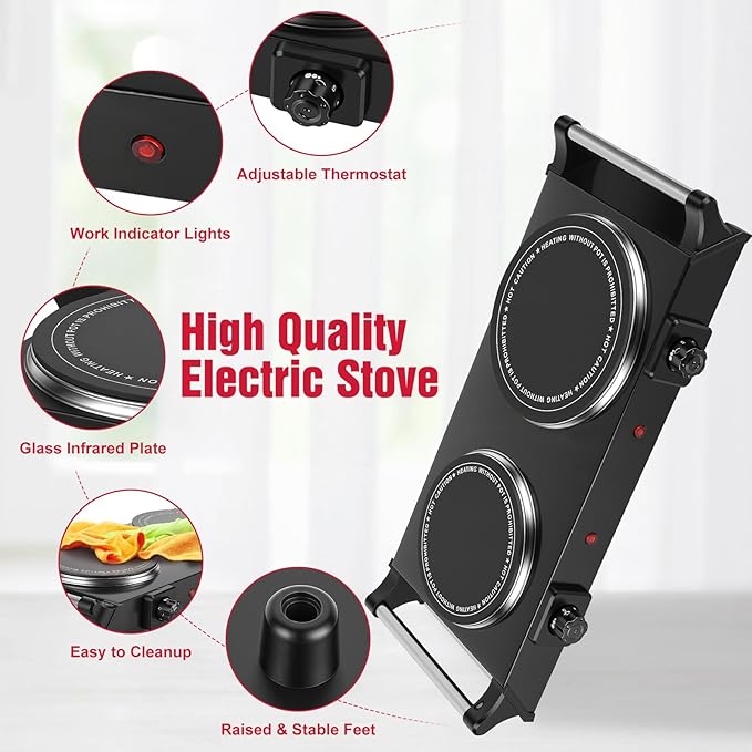 Electric Countertop Double Burner, 1800W Cooktop with Crystal Glass Hot Plate, 5-Level Stepless Temperature Control, Stay Cool Handles, Easy to Clean, Compatible Cooking Stove for Office Home RV
