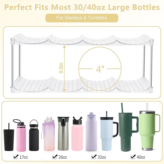 Stackable Water Bottle Organizer for Stanley 40oz Tumblers – Acrylic Water Bottle Holder for Cabinet, Pantry, Large Tumbler Organizer Storage Rack, Stanley Cup Storage, 2 Tier, Holds 8 Bottles