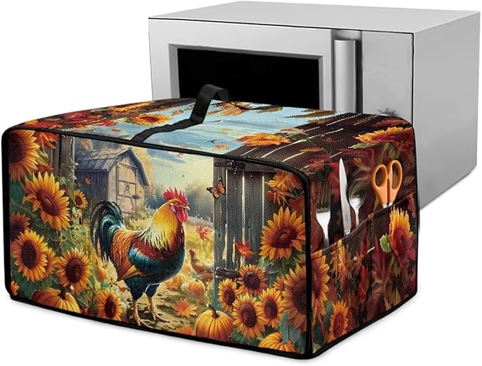 Toaster Oven Dust Cover Dustproof Smart Oven Air Fryer Microwave Cover with Pockets, Electric Appliance Protector Fall Home Decor, L, Chicken Rooster Sunflower Pumpkin Butterfly