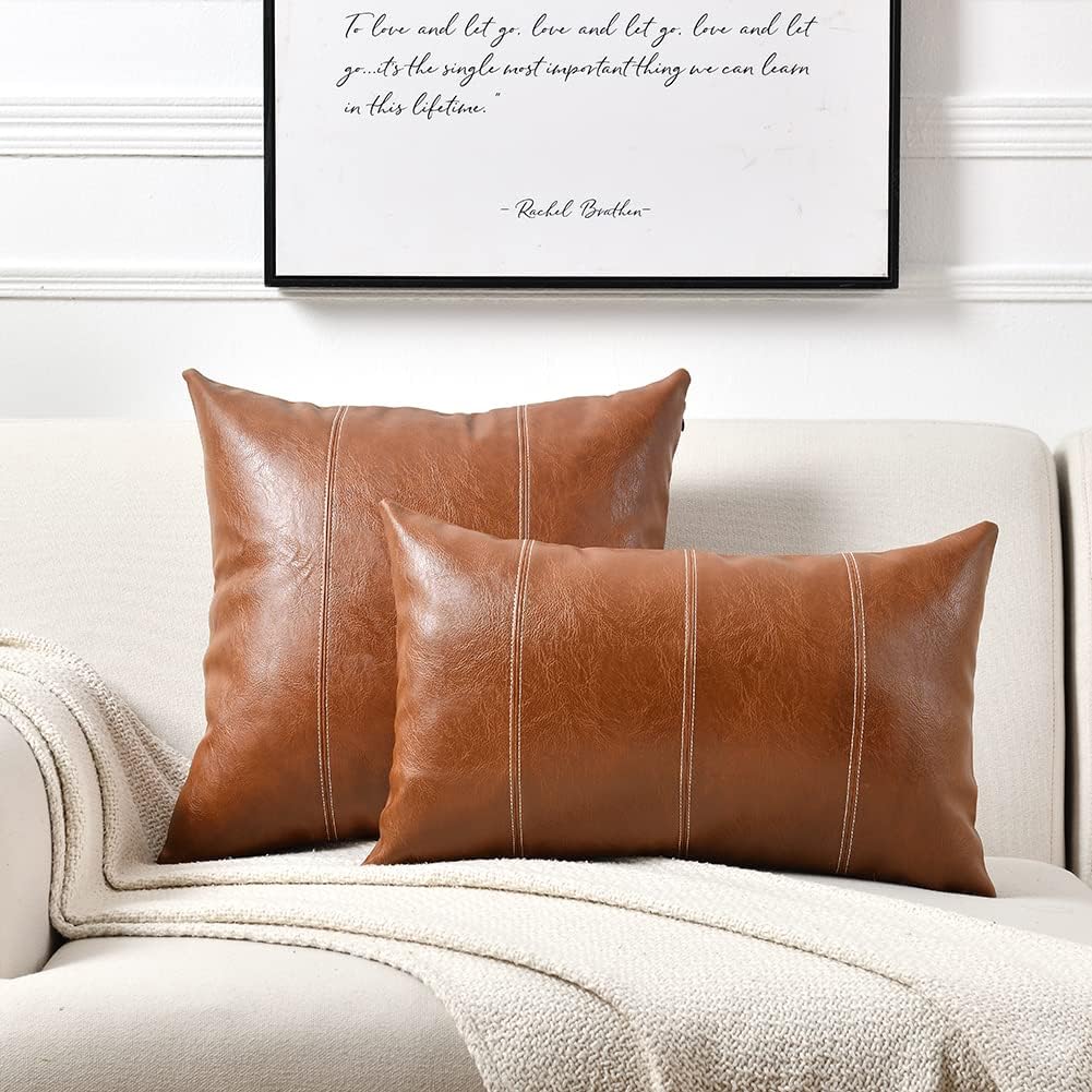 Fancy Homi Brown Boho Faux Leather Decorative Throw Pillow Covers 20x20 Inch for Living Room Couch Bed, Hand Stitched Accent Square Cushion Case 50x50 cm, Luxury Modern Farmhouse Home Decor