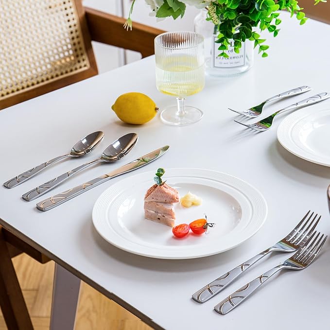 HIKAA 24PCS Stainless Steel Silverware Set with Steak Knives, Modern Flatware Set for Kitchen, Mirror Polished Cutlery Set with Forks, Spoons and Knives，Dishwasher Safe