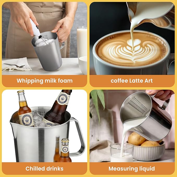 2 Pcs Stainless Steel Pitcher with Lid, 70 oz / 2 L Large Mouth Graduated Measuring Cup with Marking & Handle, Milk Frothing Jug for Espresso Machine, Latte Art, Iced Tea, Hot and Cold Water