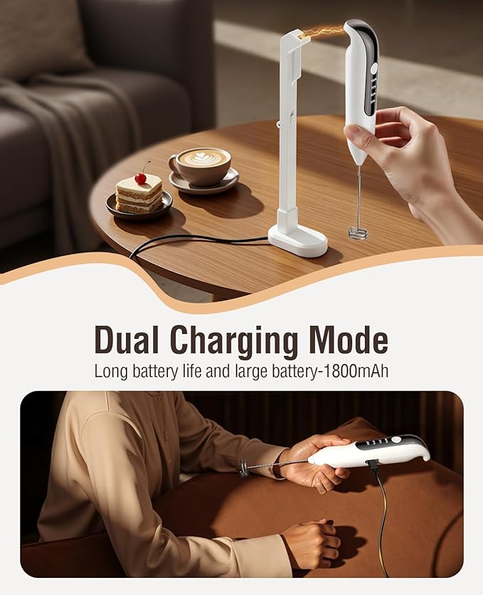 Dynooper 3 in 1 - Electric Whisk Milk Foamer, Electric Whisk Foam Maker for Coffee, Lattes, Cappuccino, Matcha, Hot Chocolate & Creamer - Ceramic White