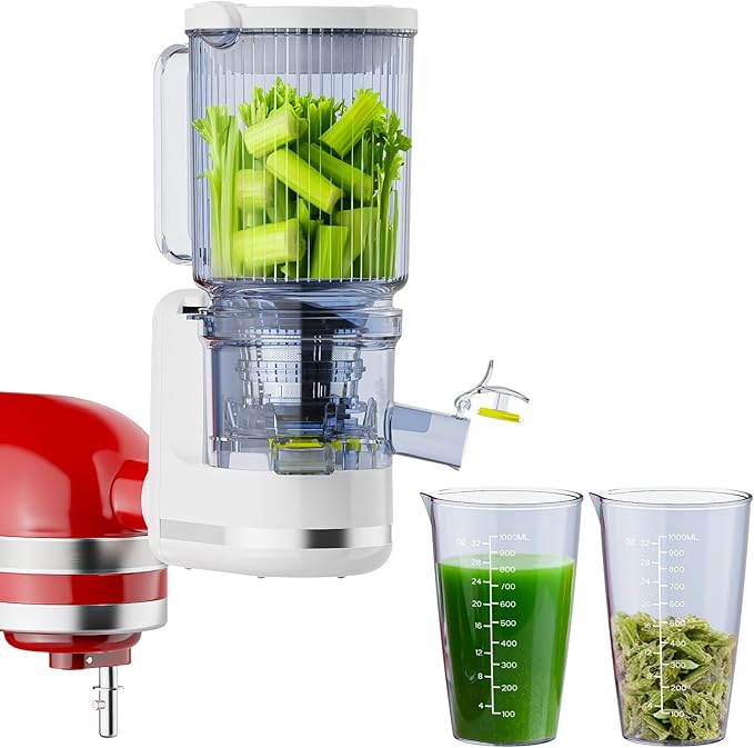 Masticating Juicer Attachment for KitchenAid Stand Mixer, 4.9" Large Feed Chute Fit Whole Vegetables & Fruits, Slow Cold Press Juicer Includes 2 * 32oz Capacity Cups, Juicer Attachment for Kitchen Ai