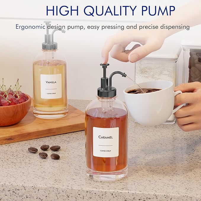 16.9 oz/500 ml Coffee Syrup Dispenser Set - 2 Glass Bottles with Black Pumper and Syrup Labels - Precise Dispensing and Stylish Addition to Coffee Shop, Cafe or Home Bar