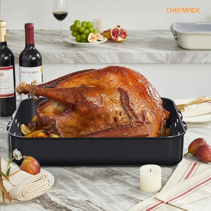 CHEFMADE Roasting Pan, 16-Inch Non-Stick Turkey Roaster Lasagna Pan with Rack - Rectangular Deep Dish Chicken Roaster Pan 16.3" x 12.52" x 3.11"(Black)