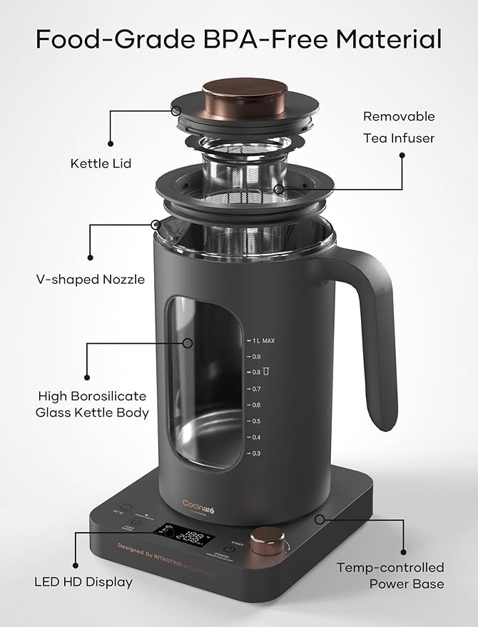 INTASTING Electric Tea Kettle, Electric Kettle with Tea Infuser, ±1℉ Knob Temperature Control, BPA-Free Glass, 1200W Fast Heating, Easy to Clean, 1 Liter (Dark Gray)