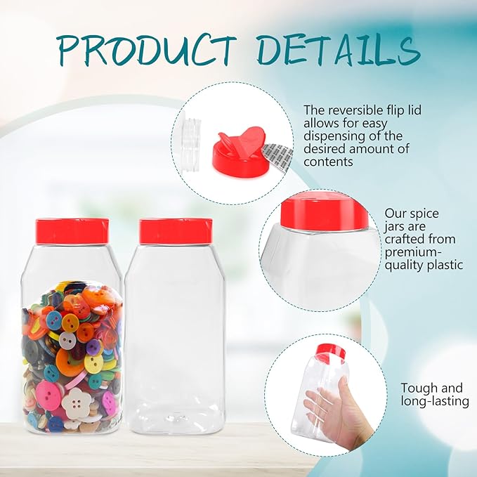 34 Pack 16 oz Plastic Spice Jars with Cap Clear Empty Square Bottle With flip lid Reusable Spice Bottle Large Seasoning Jars Powder Storage Container for Storing Seasoning Powders Supplies(Red)
