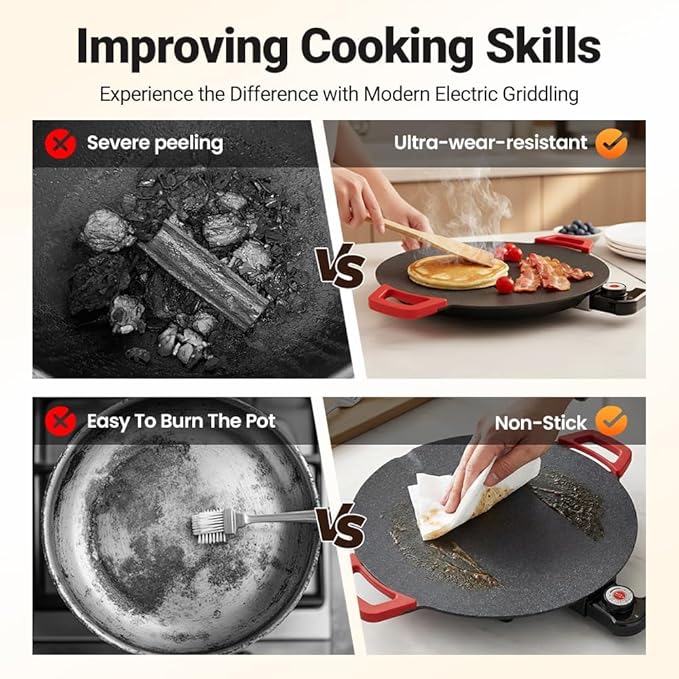 Indoor Smokeless Electric Griddle: 1000W Fast Heating Indoor Grill with 11/14/16" Nonstick Surface, Adjustable Temp Control, Easy to Clean for Steak, Pancake & BBQ (14in)