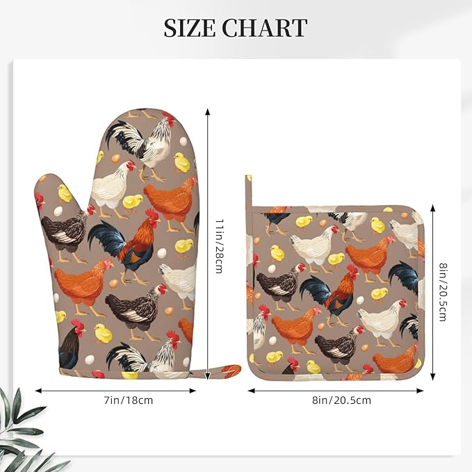 Fun Hen Chicken Rooster Oven Mitts and Pot Holders Set of 4 Silicone Heat Resistant Oven Mitten Potholders Non Slip Gloves Kitchen Decor for BBQ Cooking Grilling Baking