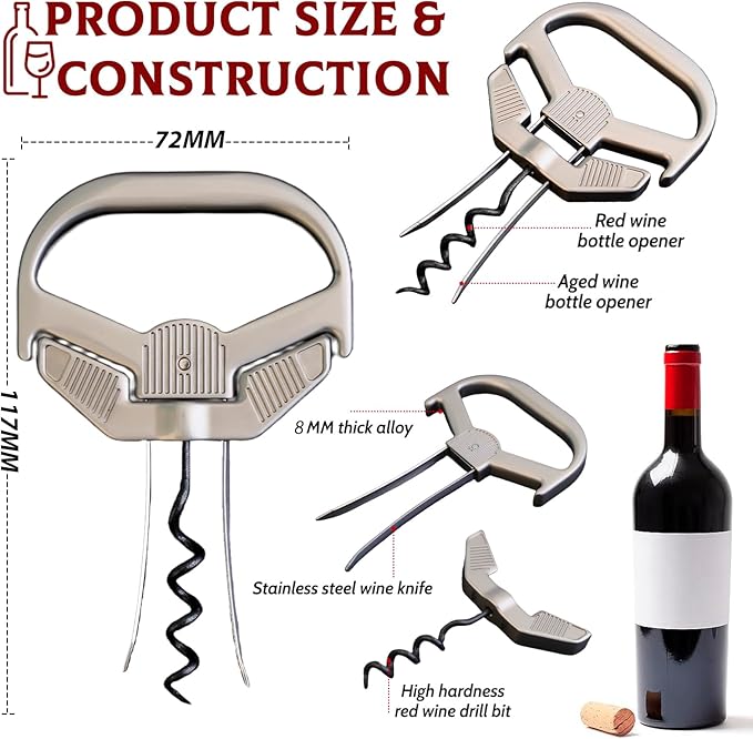 Ah So Wine Opener for Vintage Bottles, 3 in 1 Old Bottle Opener, Two Prong Cork Remover with Beer Bottle Opener, for Connoisseurs & Collectors to Uncork (Classic)