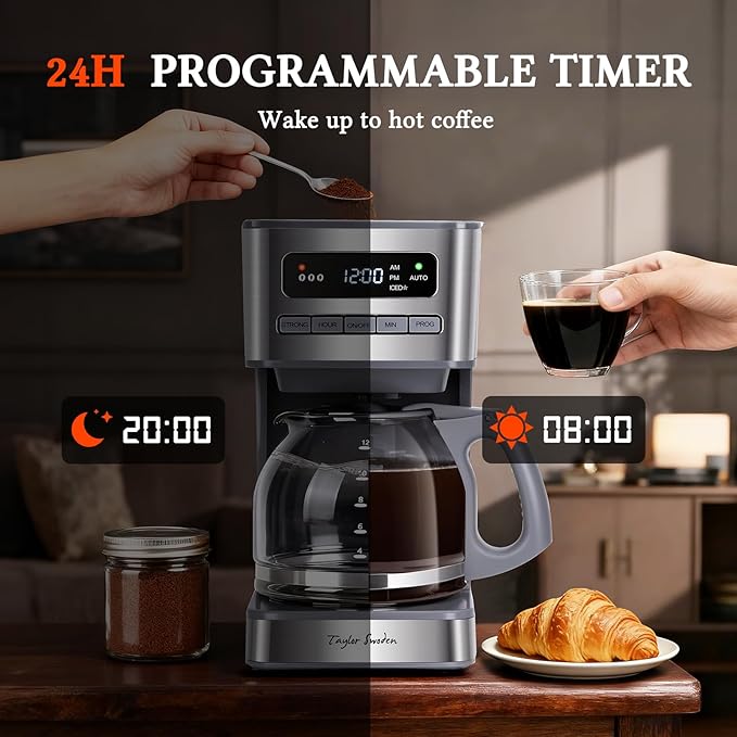 Taylor Swoden Programmable Coffee Makers 12 Cup, Hot and Iced Coffee Maker, 4 Brew Strength, LED Display, 24H Timer, Keep Warm&Auto Shutoff- Drip Coffee Machine for Home/Office, Gray & Stainless Steel