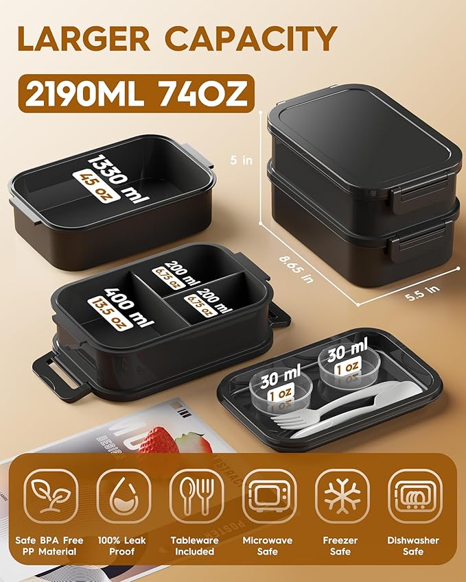 KEMETHY Adults Bento Lunch Box Set with Thermo Bag, 74oz Stackable Leak-proof 3-tiers Bento Box, Built-in Utensil and Sauce Container for Work, School, Dining Out (Black)