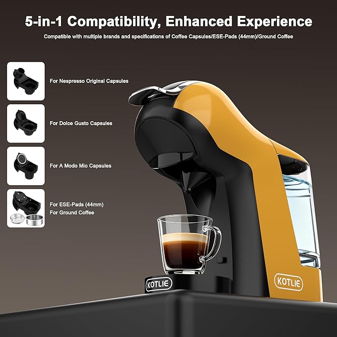 KOTLIE EM-308B Espresso Machine, Single Serve Coffee Maker Compatible with Multiple Capsule Types, Ground Coffee, and ESE Pods, 3 Temperatures, 7 Water Volume Levels, 34 Oz（Yellow）