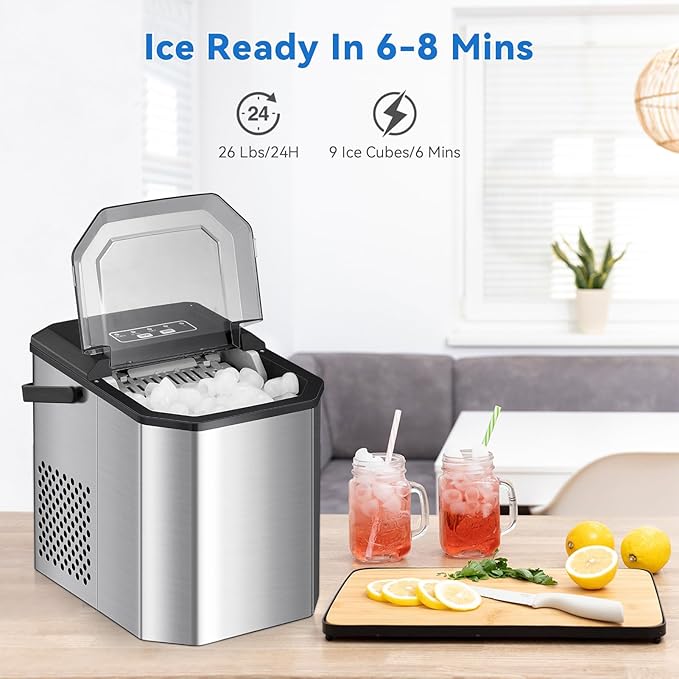 Garvee Countertop Ice Maker, 26 lbs in 24 Hrs, 9 Cubes Ready in 6 Mins with Ice Scoop and Basket, Portable Ice Cube Maker Self-Cleaning, 2 Sizes of Bullet Ice for Home Kitchen Office Bar Party