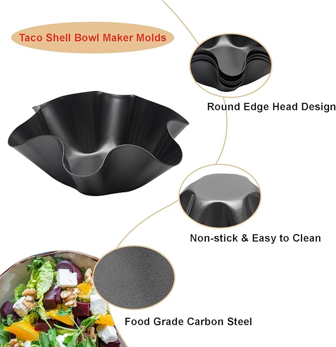 Tortilla Pan Set - 4pcs Non-Stick Carbon Steel Taco Salad Bowl Makers Tortilla Shell Pans, Tostada Bake Taco Shells, Flower-shaped Baking Mold Kitchen(Black 4pcs) (16.5x 7.5x 6cm)