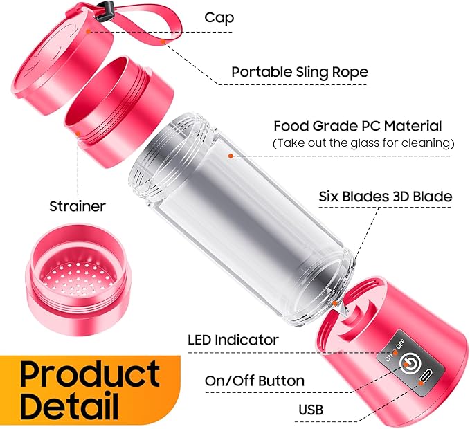 Portable Blender for Smoothies & Shakes - Cordless Personal Size Blender with 6 Blades, 380Ml Juice Cup, Lightweight & Rechargeable, Freshly Squeezed for Picnic/Sports/Office