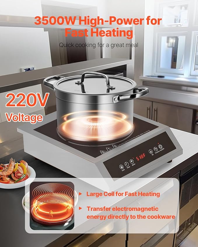 VEVOR Induction Cooktop, 3500W Commercial Induction Burner with 11-Level Temperature, Stainless Steel Countertop Induction Hot Plate with 3H Timer, Child Lock for Restaurant (6-15P Plug, 6-20R Outlet)