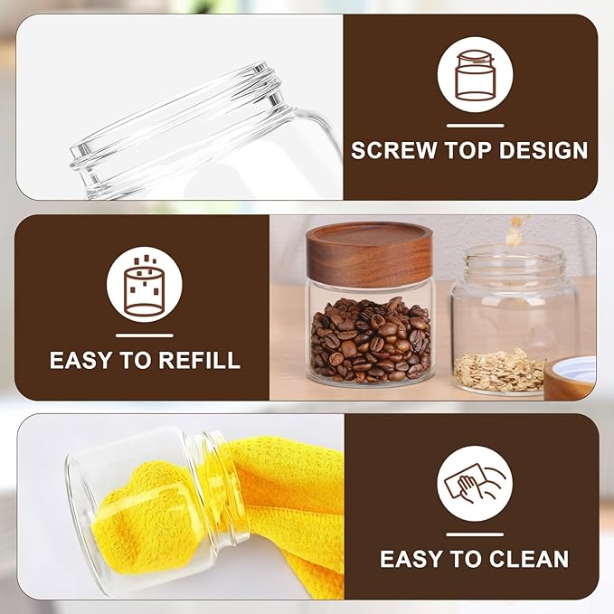 Glass Jar with Wood Lid, 4 Pack 8oz 240ml Coffee Jars with Airtight Lids, Wooden Screw Top Pantry Storage Glass Canister, Clear Kitchen Container for Spice, Sugar, Tea, Oats, Candy, Bean, Nuts