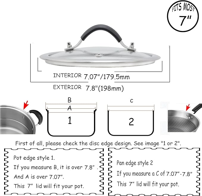 HEVSTIL 7 Inch Tempered Glass Lid Glass Lid with Silicone Stainless Steel Handle Pan Lid Glass Vented Skillet Cover for Frying Pan Lodge Cast Iron Skillet with Heat-resistant Silicone Handle