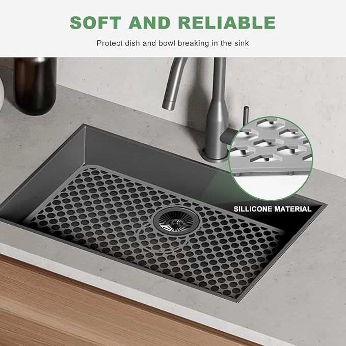 Sink Protectors for Kitchen Sink - Large 26.2"x 14" with Center Drain Hole Heat Resistant Easy Clean Non-slip Silicone Kitchens Sinks Mat for Bottom of Kitchen Sinks Stainless Steel(Grey)-66.5x35.6CM
