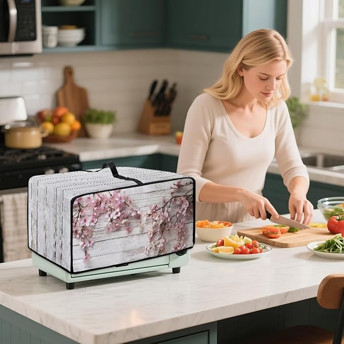 Air Fryer Toaster Oven Dust Cover Countertop Microwave Dust Cover Protector, Compatible with Convection Oven, L, 18.5 x 22.5 x 13 inches, Peach Blossom White Wood Grain