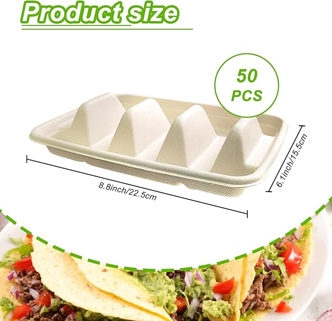 50PCS Disposable Taco Holder for Party，Disposable Taco Plates with 3 Dividers Disposable Taco Holders for Party, Taco Tray Holder, Pulp Fiber Plates Disposable for Taco Tuesday Lazy Susan Taco Bar