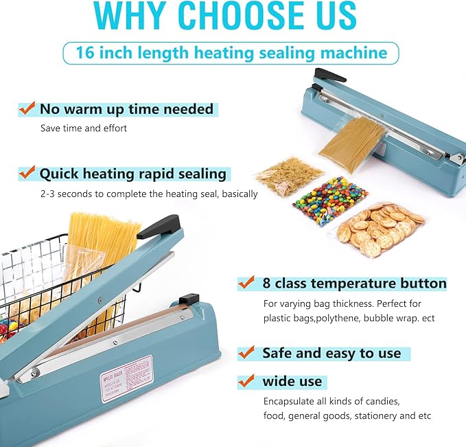 METRONIC Impulse Sealer 16 inch, Manual Heat Sealer Machine for Plastic Bags, Shrink Wrap Bag Sealers Heavy Duty Sealing Machine With Repair Kit (Blue)