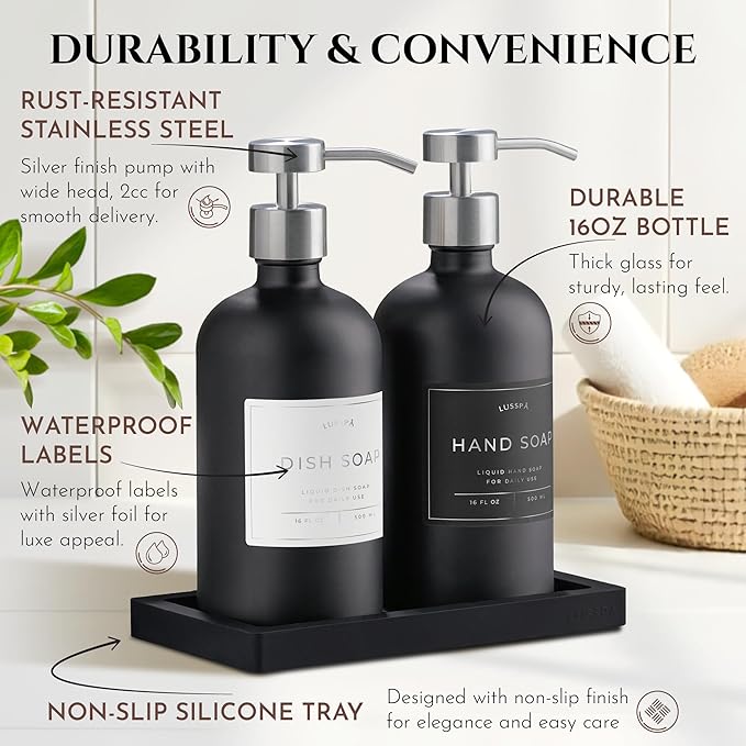 Glass Soap Dispenser Set of 2 (Black) with Silicone Tray | Hand and Dish Soap Dispenser for Kitchen and Bathroom | 16.8 Oz Glass Bottles with Stainless Steel Pump & 15 Waterproof Labels (Black/Silver)
