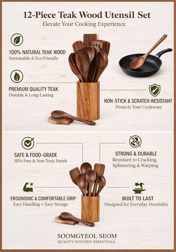 Natural Teak Wood Kitchen Utensil Set - 12 Piece Cooking Spoons & Spatulas with Large Spoon Holder & Rest, Non-Stick Heat Resistant Wooden Tools, Food-Safe Eco-Friendly Organizer